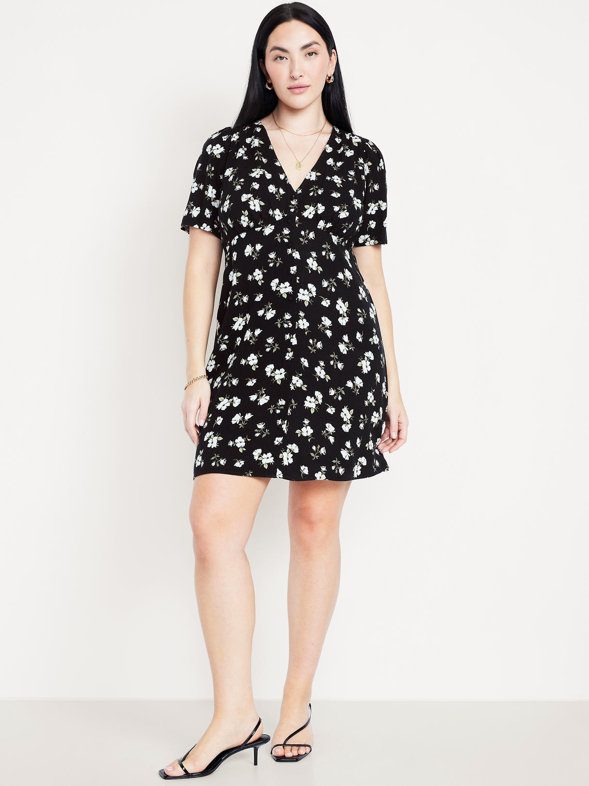 (Med) OLD NAVY Women's Button-Down Crepe Mini Dress-Color: black floral