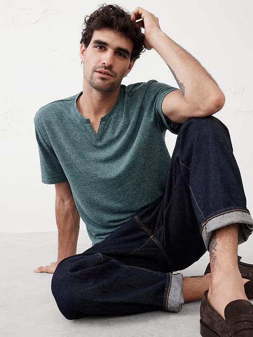 Banana Republic Linen-Blend Notch-Neck T-Shirt - Deep Sea Teal - Size: Large