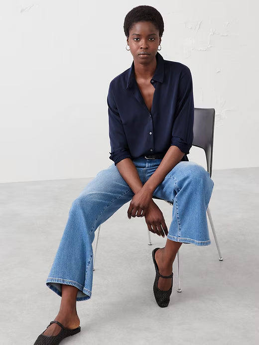 Banana Republic Silky Classic Shirt Preppy Navy Size: XL