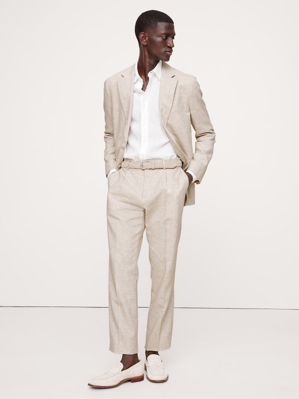 Herringbone Cotton-Linen Slim Suit Pant by Banana Republic - Natural Beige - Size: 32 x 34
