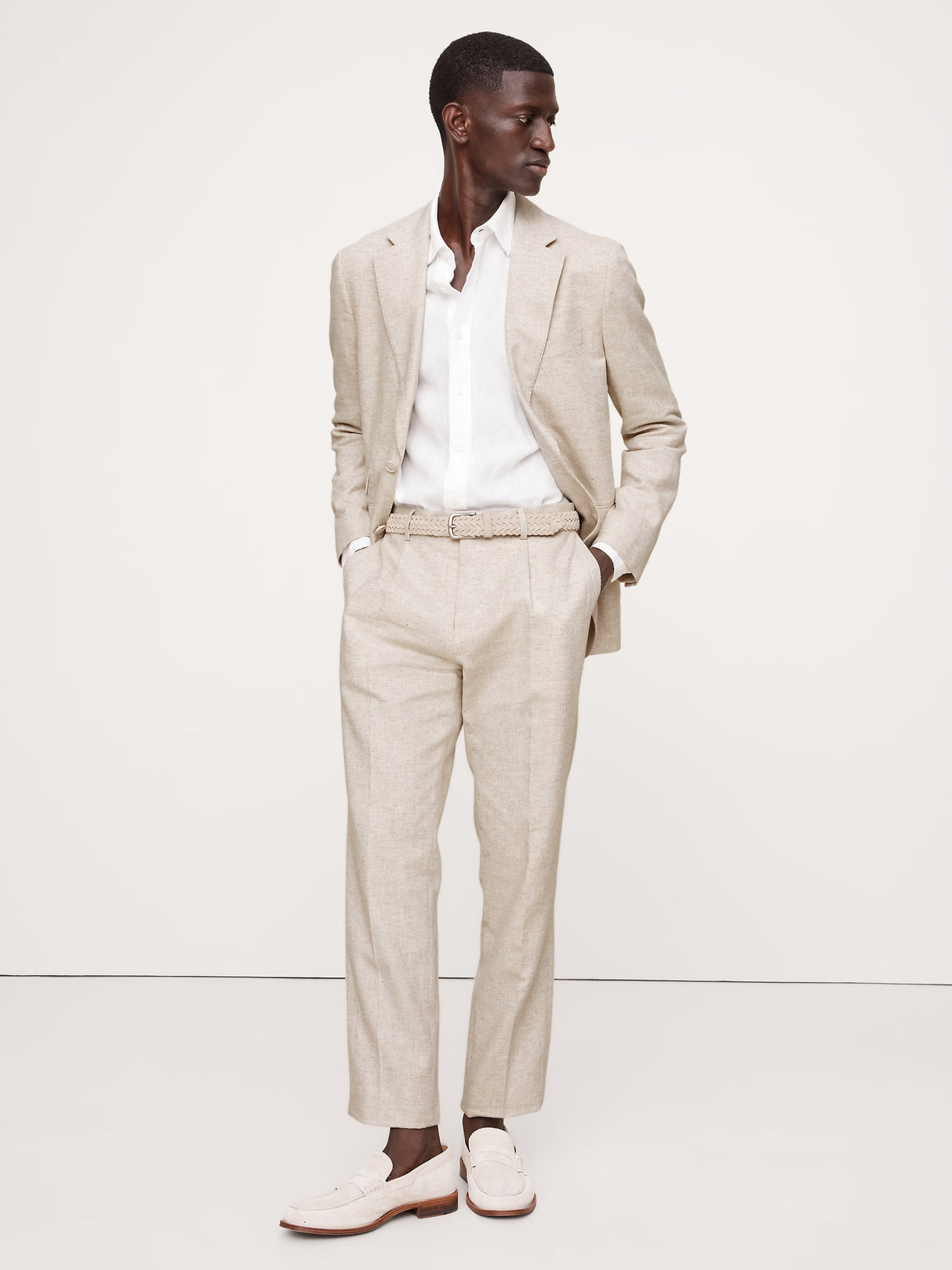 Herringbone Cotton-Linen Slim Suit Pant by Banana Republic - Natural Beige - Size: 32 x 34
