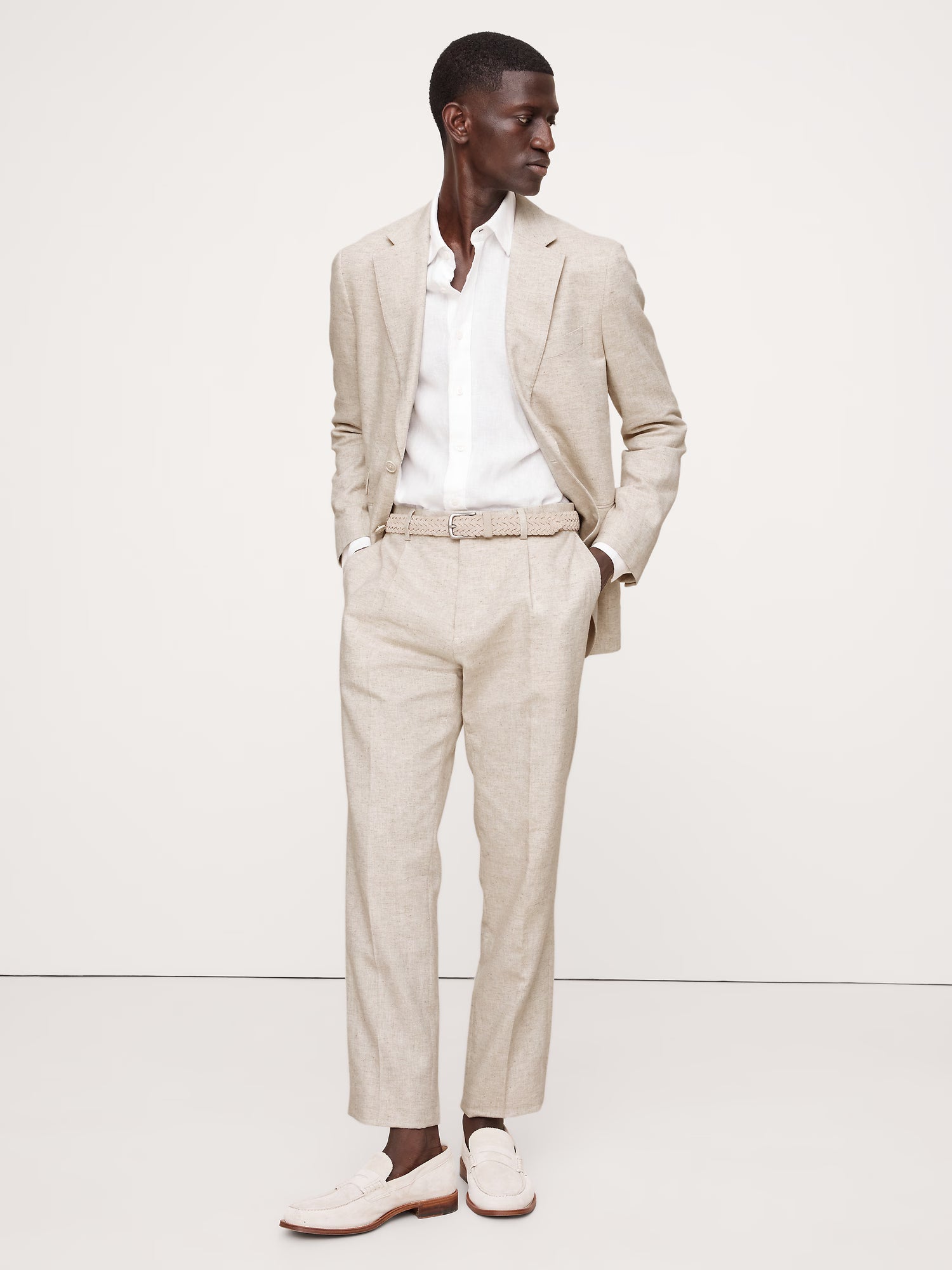 Herringbone Cotton-Linen Slim Suit Pant by Banana Republic - Natural Beige - Size: 32 x 34