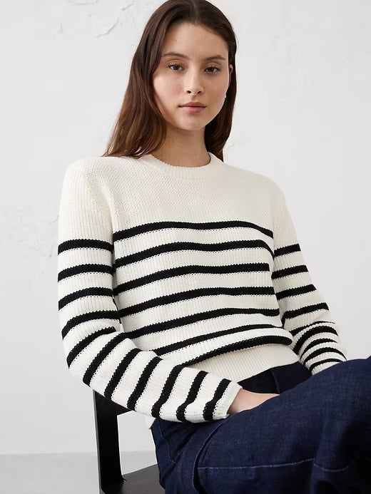 Banana Republic Textured Pullover Sweater White Stripe Size: L