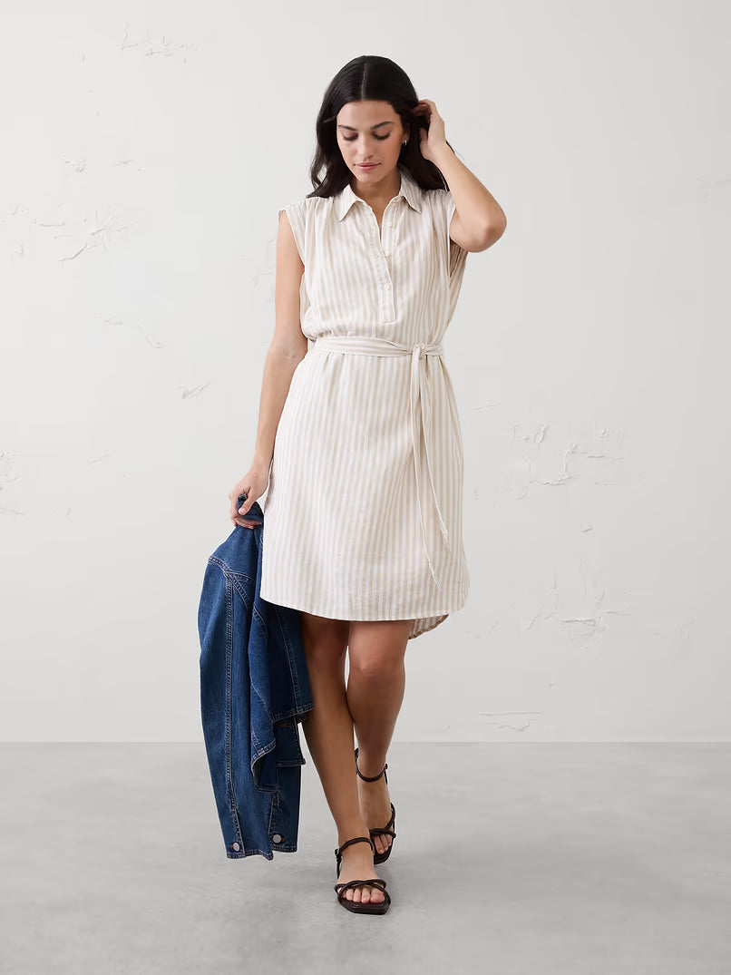 BANANA REPUBLIC Women's Linen-Blend Knee-Length Shirtdress in Neutral Stripe - SM