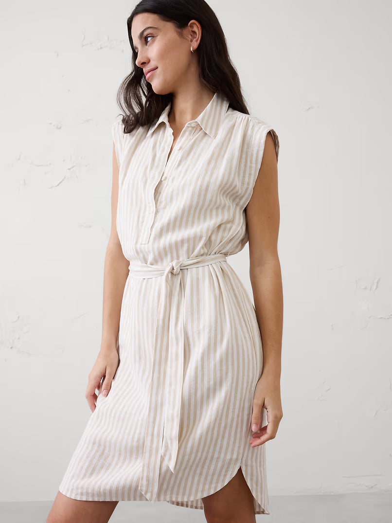 BANANA REPUBLIC Women's Linen-Blend Knee-Length Shirtdress in Neutral Stripe - SM