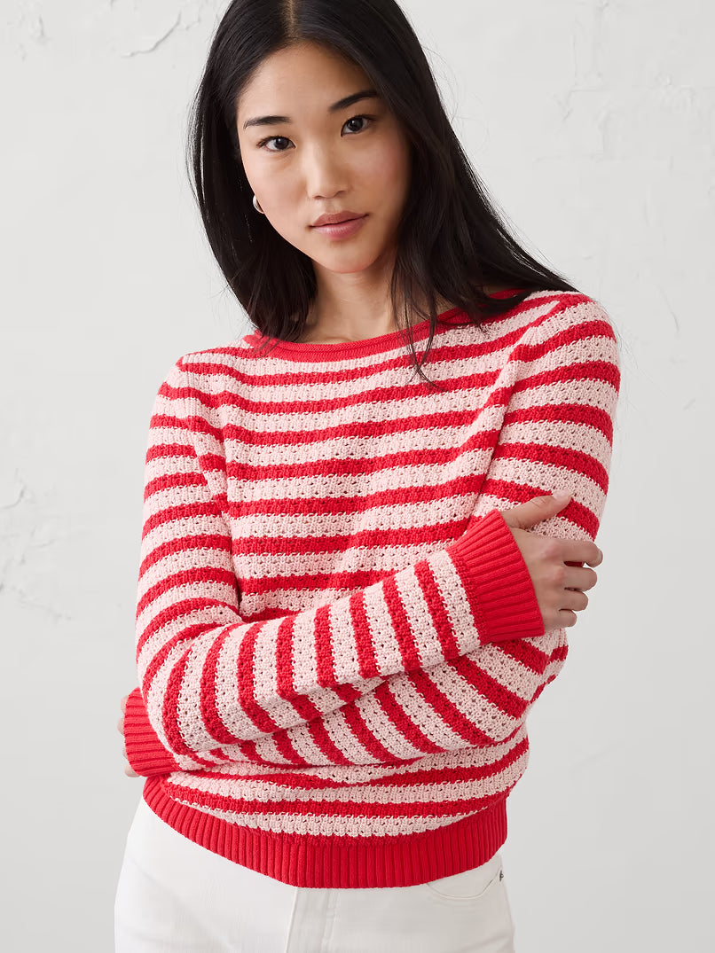 BANANA REPUBLIC Women's Cotton Boatneck Crochet Sweater in Red Stripe - SM