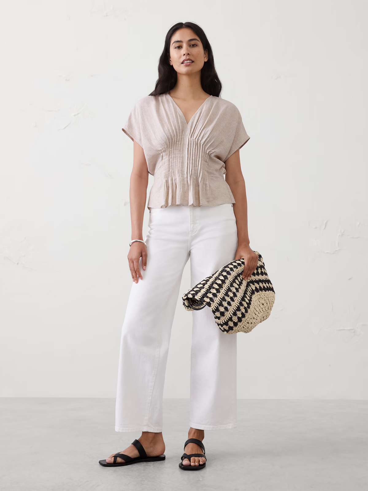 BANANA REPUBLIC Women's Linen-Blend Pintuck-Waist Top in Flax - SM