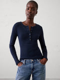Women's Ribbed Henley T-Shirt - Preppy Navy - Size Small