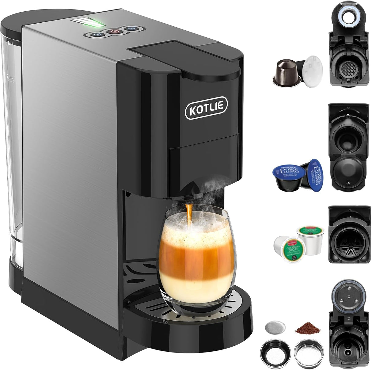 1002201062	KOTLIE 5in1 19Bar Multicapsule Espresso Coffee Machine, Cold&Hot Brewing Single-Serve Coffee Maker, Cappuccino&Latte Maker for Kcup/Dolce Gusto/Nespresso Original/GroundCoffee/44mm ESE EM-308A NEW