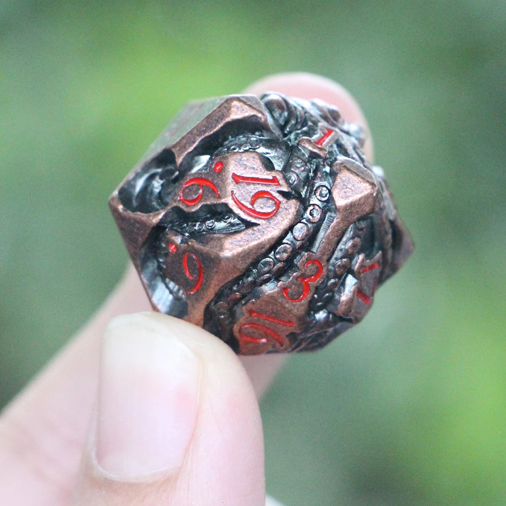 ucmehihihi Copper Octopus Dice Set – 3D Tentacle Carved with Red Numbers (7-Piece)