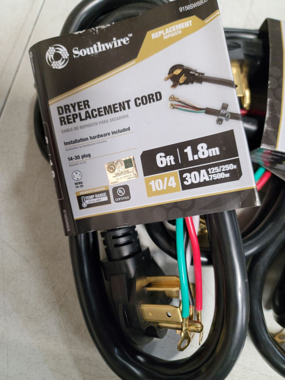 SOUTHWIRE - 10/4 SRDT Round 6' - 30 Amp NEMA 14-30 NEMA Plug Dryer Cord Replacement - Black
