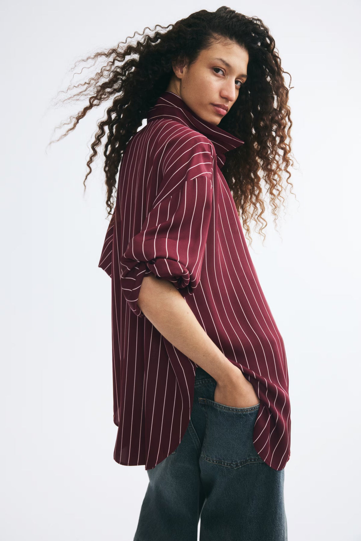 H&M - Women's Loose-Fit Twill Shirt - Burgundy/White Striped - US Small