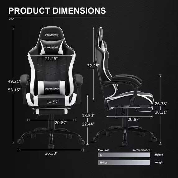 GTRACING Ergonomic GTWD-200 Gaming and Office Chair with Adjustable Pillows and Footrest, White