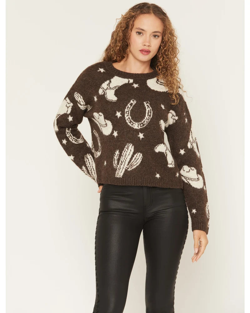 Women's Saddleridge Western Conversation Print Sweater by IDYLLWIND - Pecan - Size XS