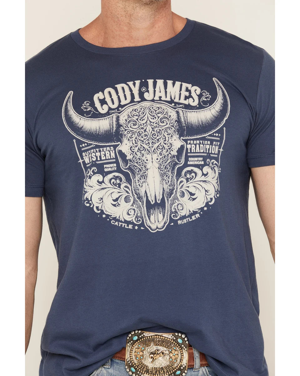 Cody James Men's Ornate Steerhead Skull Short Sleeve Graphic T-Shirt - Blue - Size Small
