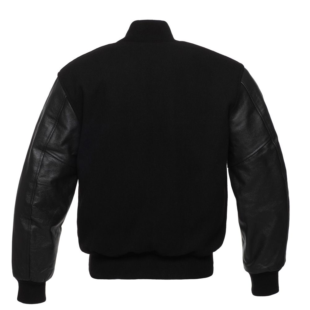 MARA LEATHER | Men's All Black Wool & Leather Varsity Letterman Jacket | LG