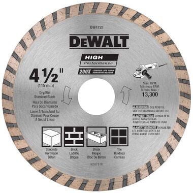 DEWALT Diamond Blade for Masonry, Dry Cutting, Continuous Rim, 7/8-Inch Arbor, 4-1/2-Inch