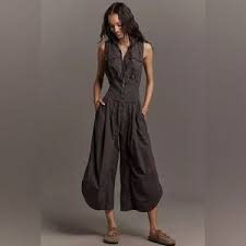 By Anthropologie Mixed Media Vest Jumpsuit- Dark Grey - Size Small