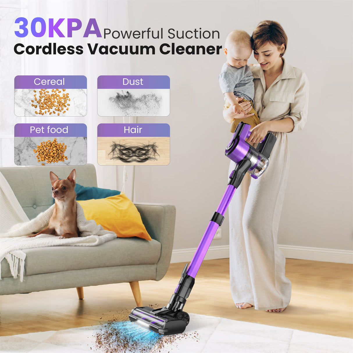 POWEART N700 Foldable Cordless Handheld Stick Upright Vacuum purple (open box)