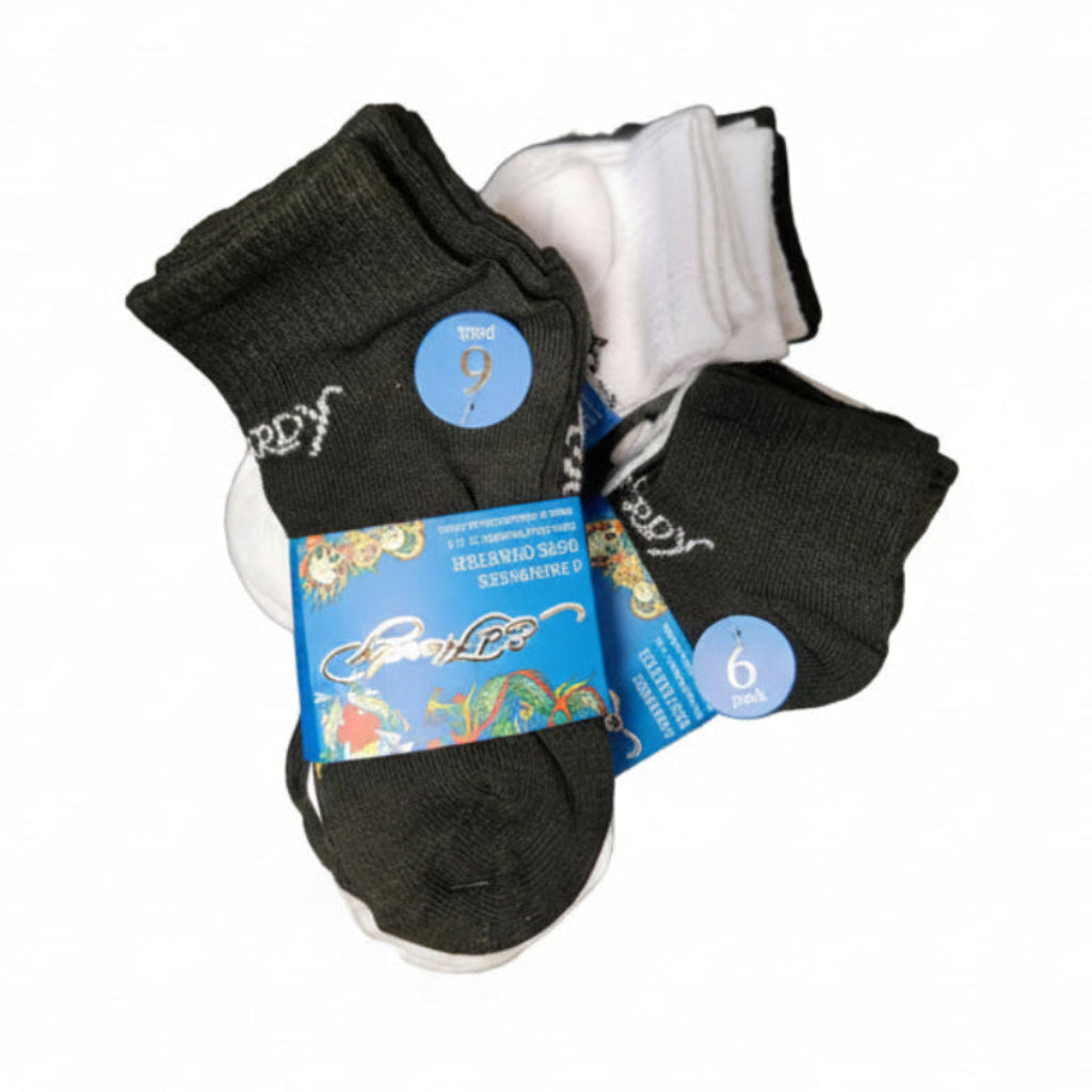 ED HARDY - Boys' Quarter Socks - Black/White - 6 Pairs - Youth Shoe Sizes 9–3.5