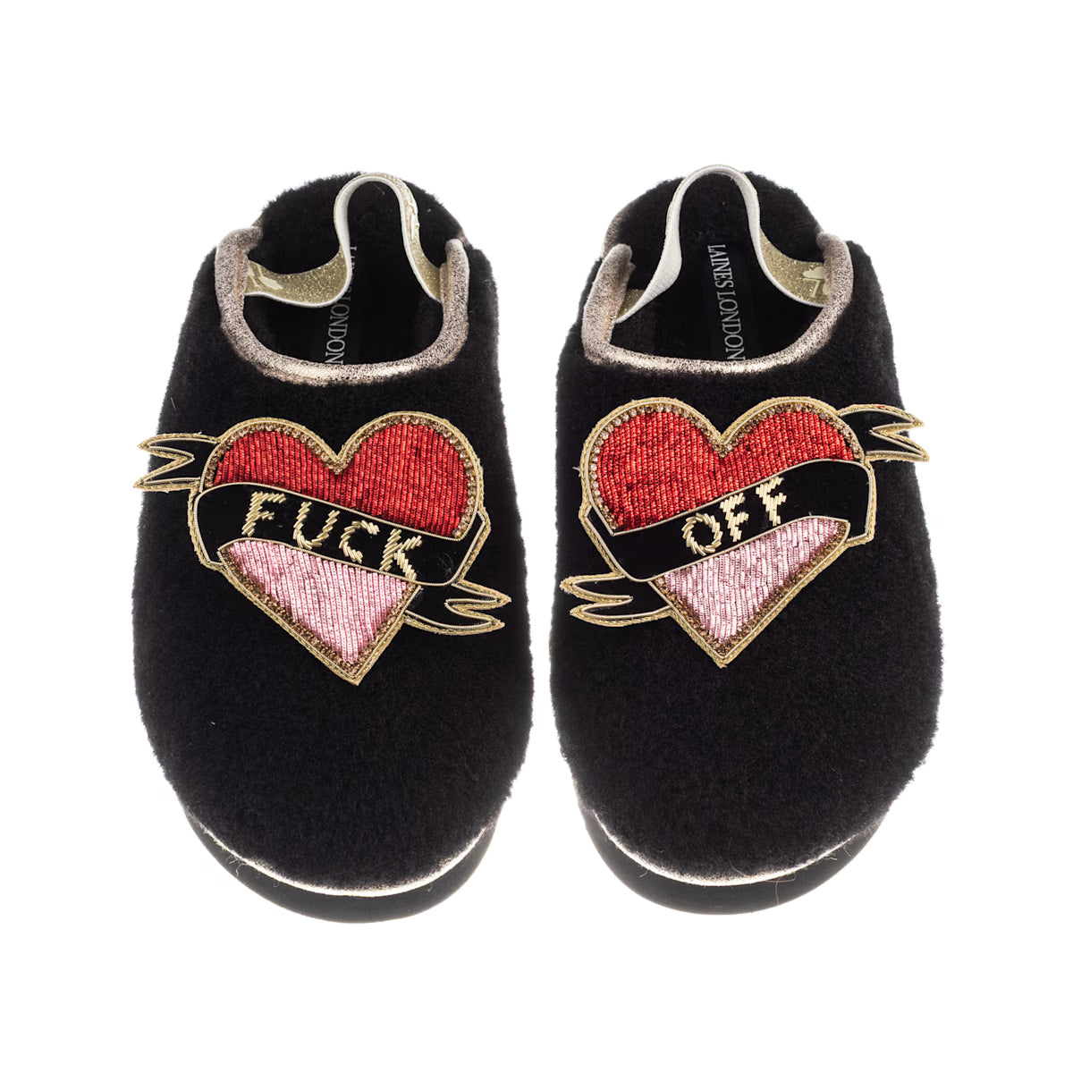 LAINES LONDON Flatform Cloud Closed Toe Slippers With Fuck Off Brooches - Black Size: L