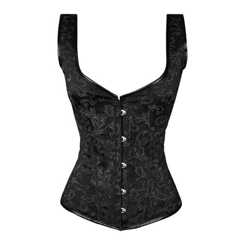 Lara Leather Black Brocade Corset with Shoulder Straps