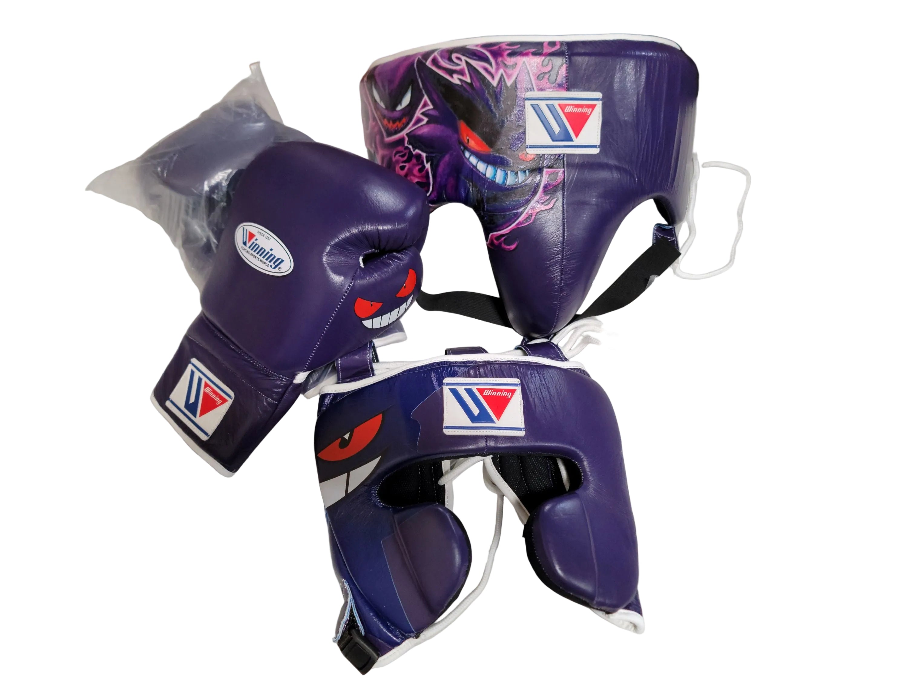 Winning | Gengar Boxing/Sparring Set | Headgear, Groin & Gloves Set | M//M/16oz | Synthetic Leather