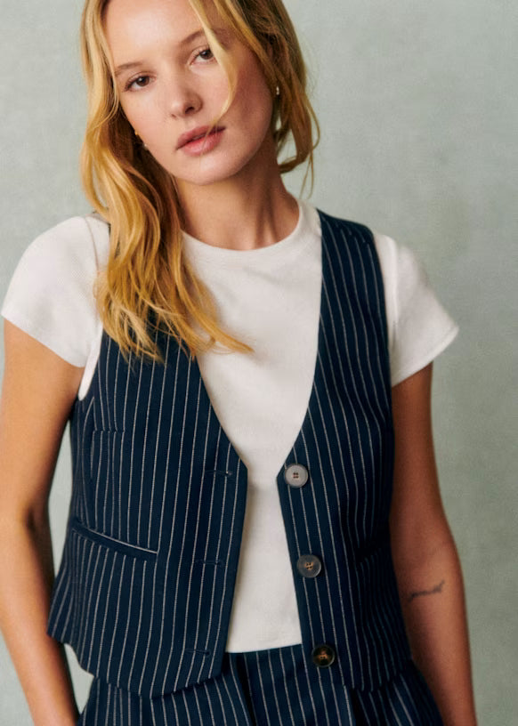 Women's Elroy Jacket by Sezane - Navy Ecru Tennis Stripes - Size 40 (US Size 8)