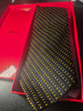 Vintage Brioni Tie-100 % Silk- Black With Gold Stitching- Geometric Diagonal Dash Pattern
