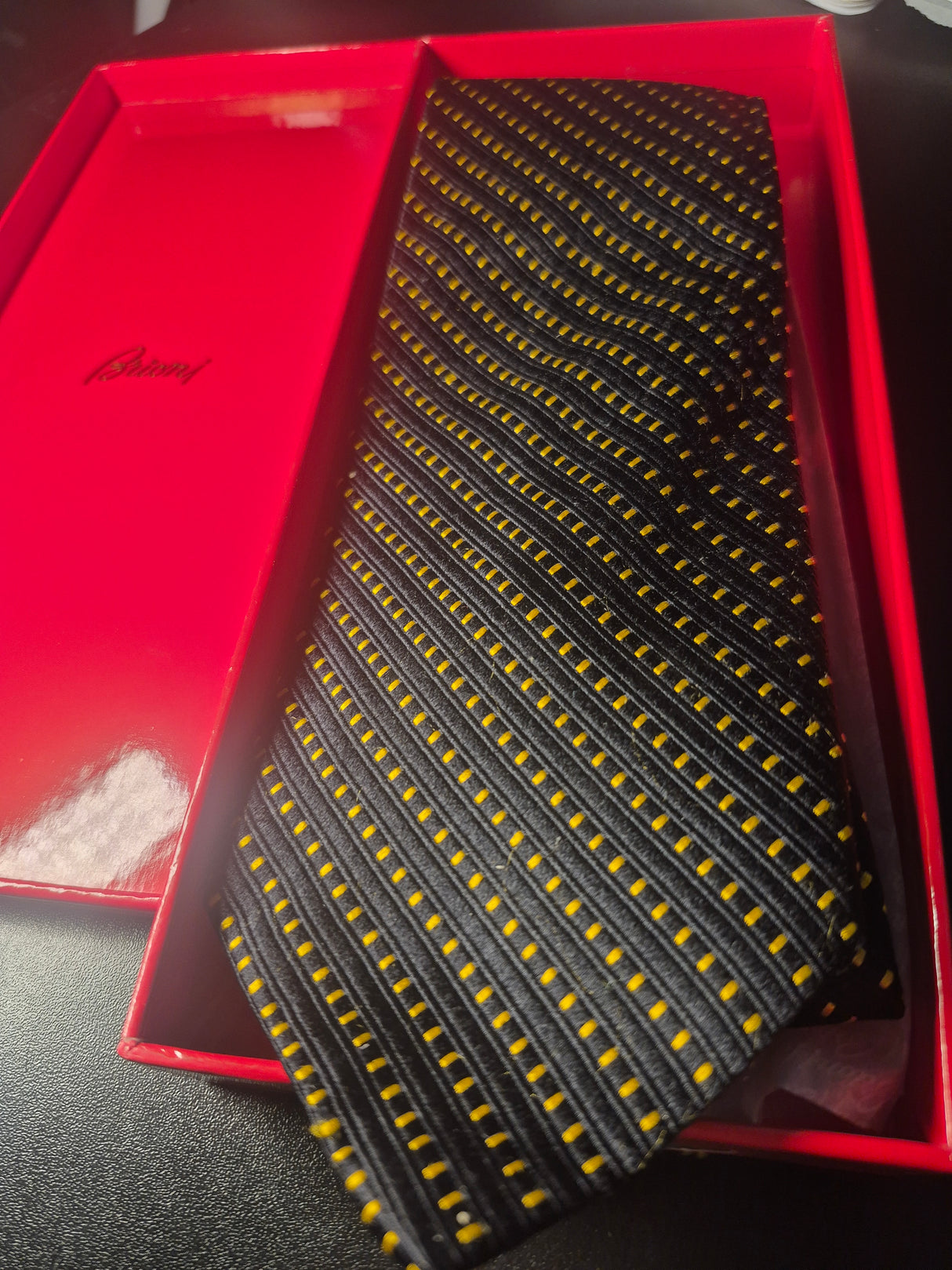 Vintage Brioni Tie-100 % Silk- Black With Gold Stitching- Geometric Diagonal Dash Pattern