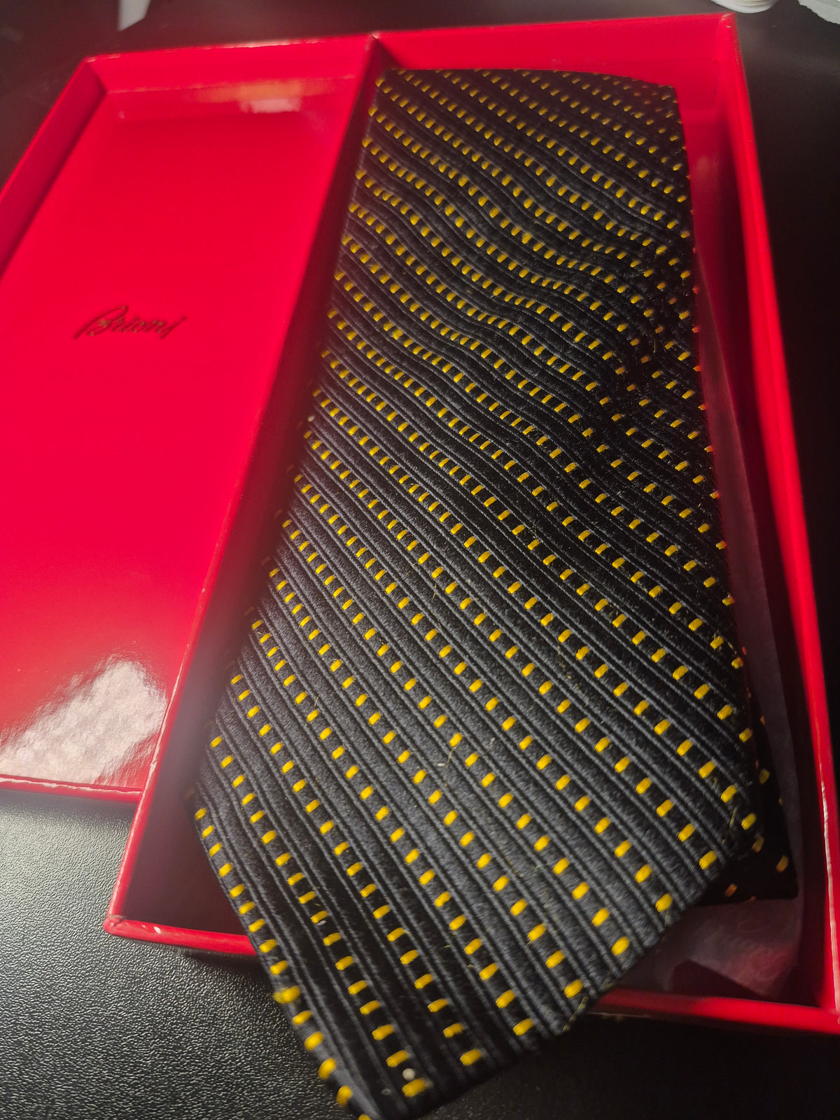 Vintage Brioni Tie-100 % Silk- Black With Gold Stitching- Geometric Diagonal Dash Pattern