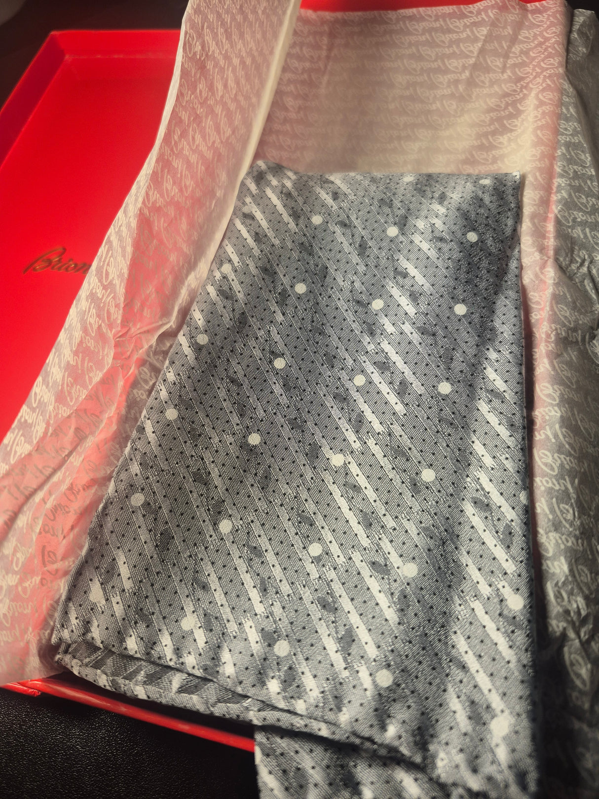 Vintage Brioni *Handkerchief* 100% Silk Silver with White Large Dots, Vine Print- Pocket Square