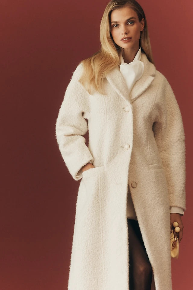 Maeve Tailored Bouclé Long Coat in Ivory by Anthropologie - Size Medium