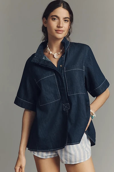 The Jeannie Short-Sleeve Denim A-Line Mini Dress by Maeve - Dark Denim - Small