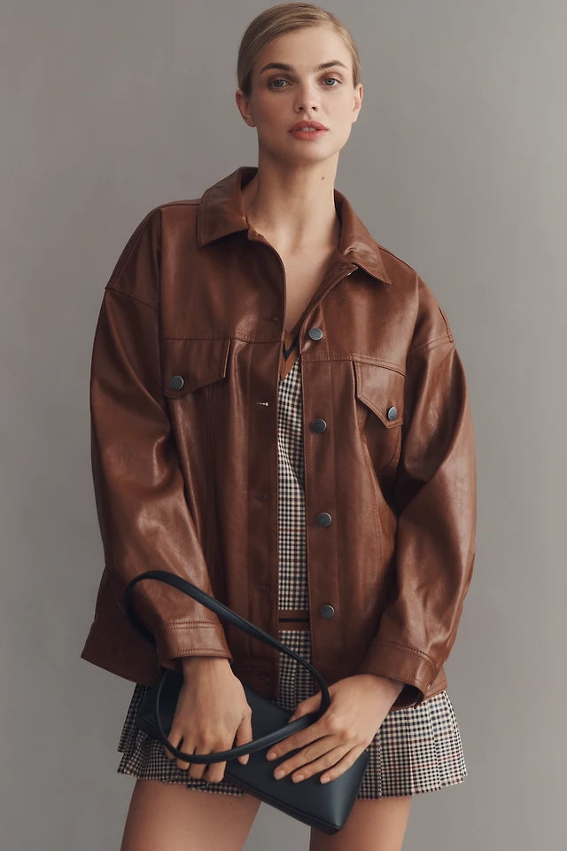The Weston Faux Leather Boyfriend Jacket by Pilcro - Cocoa - Size Medium