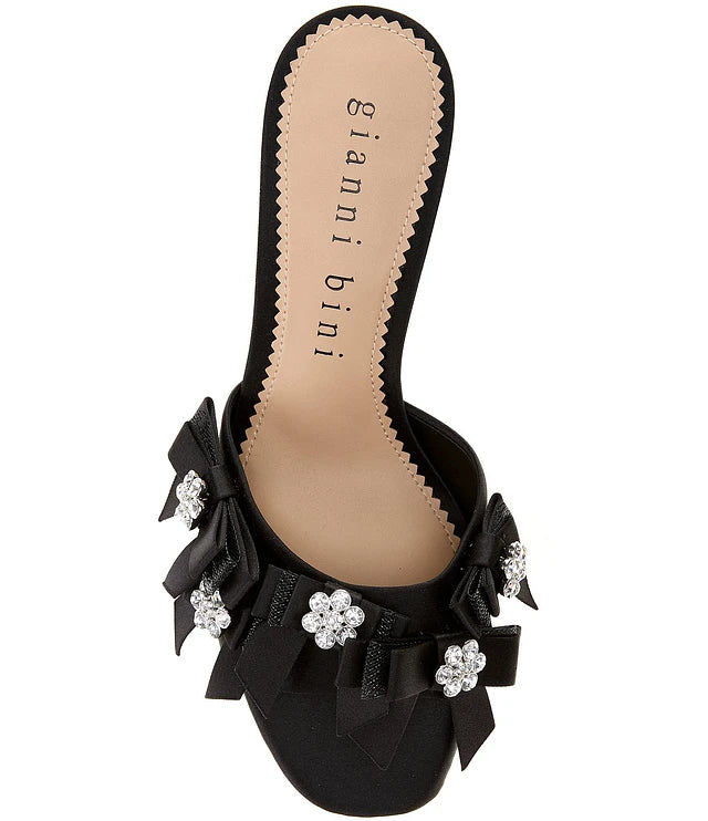 Gianni Bini Lele Satin Rhinestone Embellished Bow Ornament Dress Slide Sandals - Black - Size: 6.5 M