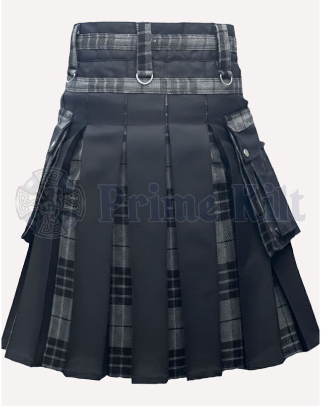 Modern Design Hybrid Tartan Kilt - Grey/Black - Size 32
