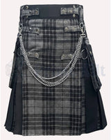 Modern Design Hybrid Tartan Kilt - Grey/Black - Size 32