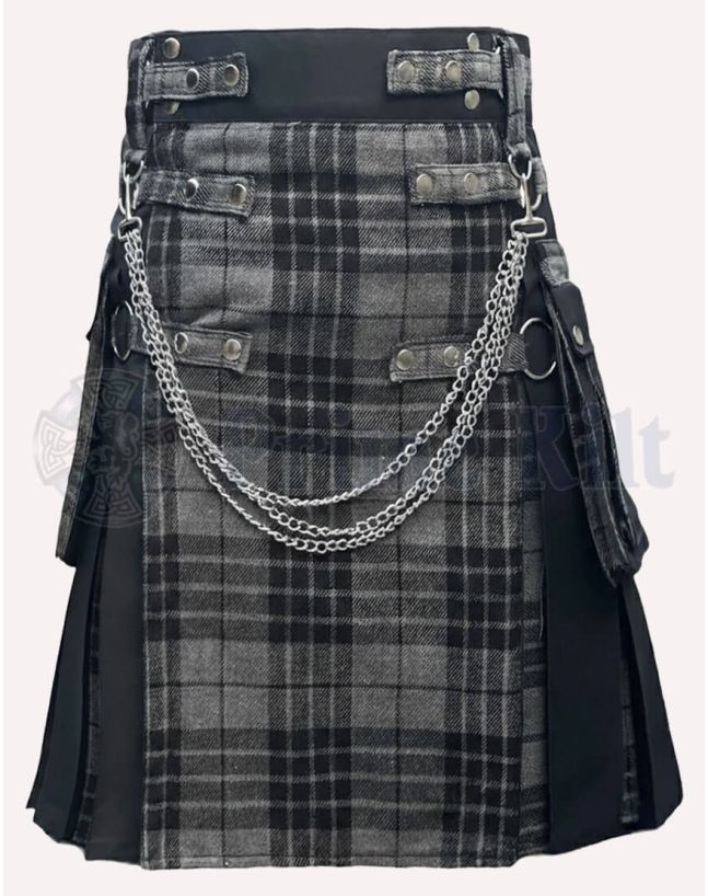 Modern Design Hybrid Tartan Kilt - Grey/Black - Size 32