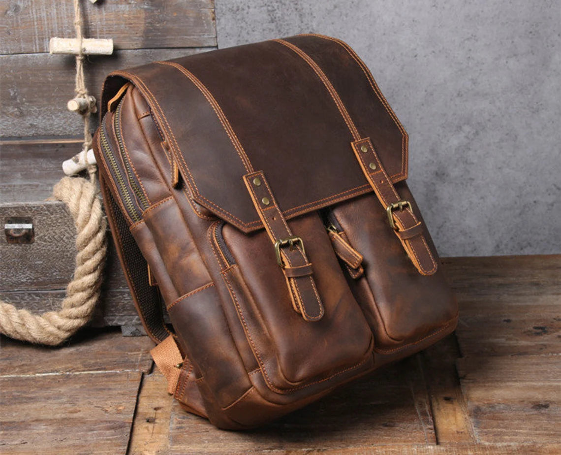 Backpack High-end Vintage Brown Top Grain Genuine Crazy Horse Leather A4 15.6''-NEW