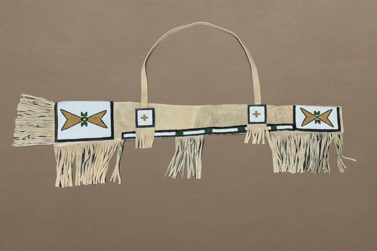 Handmade Beaded Leather Rifle Cover: Suede Fringe, Native Style - Light Beige