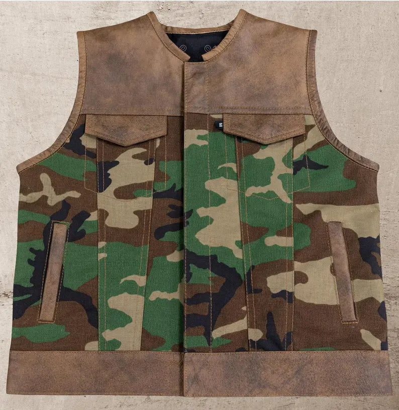 Wild Wanderers Camo Men's Motorcycle Concealed Carry Leather Vest - 3XL