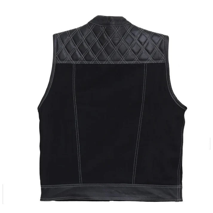 Leather and Denim Motorcycle Vest by Wild Wanderers - Black/White Paisley Lining - Medium