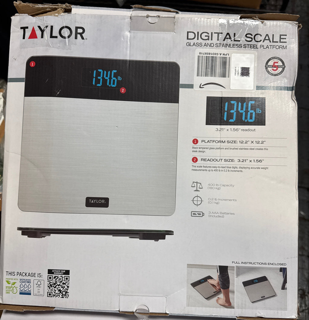 Taylor Digital Brushed Stainless Steel Scale, Bathroom Scale for Body Weight, Digital Bathroom Weighing Machine, Battery Powered, FSA HSA Eligible, Highly Accurate, Measures Weight up to 400 lb, Black