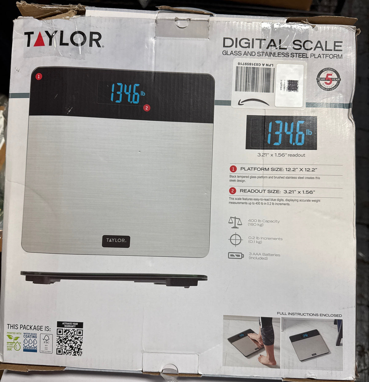 Taylor Digital Brushed Stainless Steel Scale, Bathroom Scale for Body Weight, Digital Bathroom Weighing Machine, Battery Powered, FSA HSA Eligible, Highly Accurate, Measures Weight up to 400 lb, Black