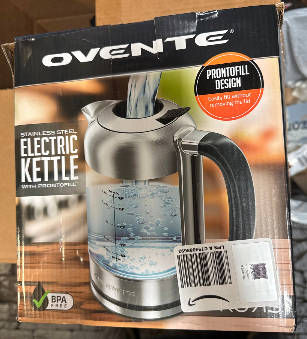 OVENTE Electric Kettle, 1500W No Plastic 1.8L Tea Kettle and Hot Water Boiler For Coffee or Tea, Easy to Fill Lid, Automatic Shut-Off, Borosilicate Glass with Stainless Steel Spout, Silver KG71S