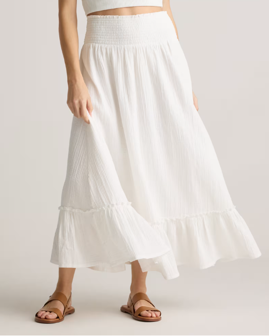 QUINCE | 100% Organic Cotton Gauze Smocked Maxi Skirt | White | S