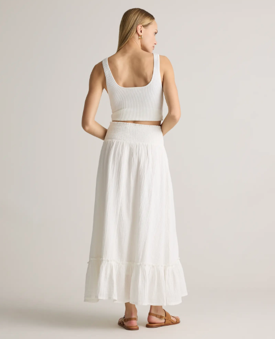 QUINCE | 100% Organic Cotton Gauze Smocked Maxi Skirt | White | S