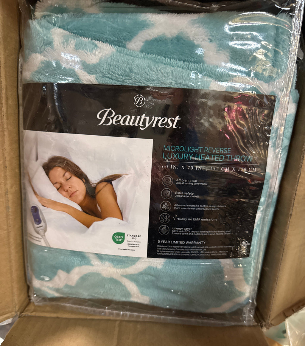 Beautyrest Ogee Printed Plush Electric Blanket for Cold Weather, Fast Heating, Auto Shut Off, Virtually Zero EMF, Multi Heat Setting, UL Certified, Machine Washable, Aqua Oversized Throw 60x70