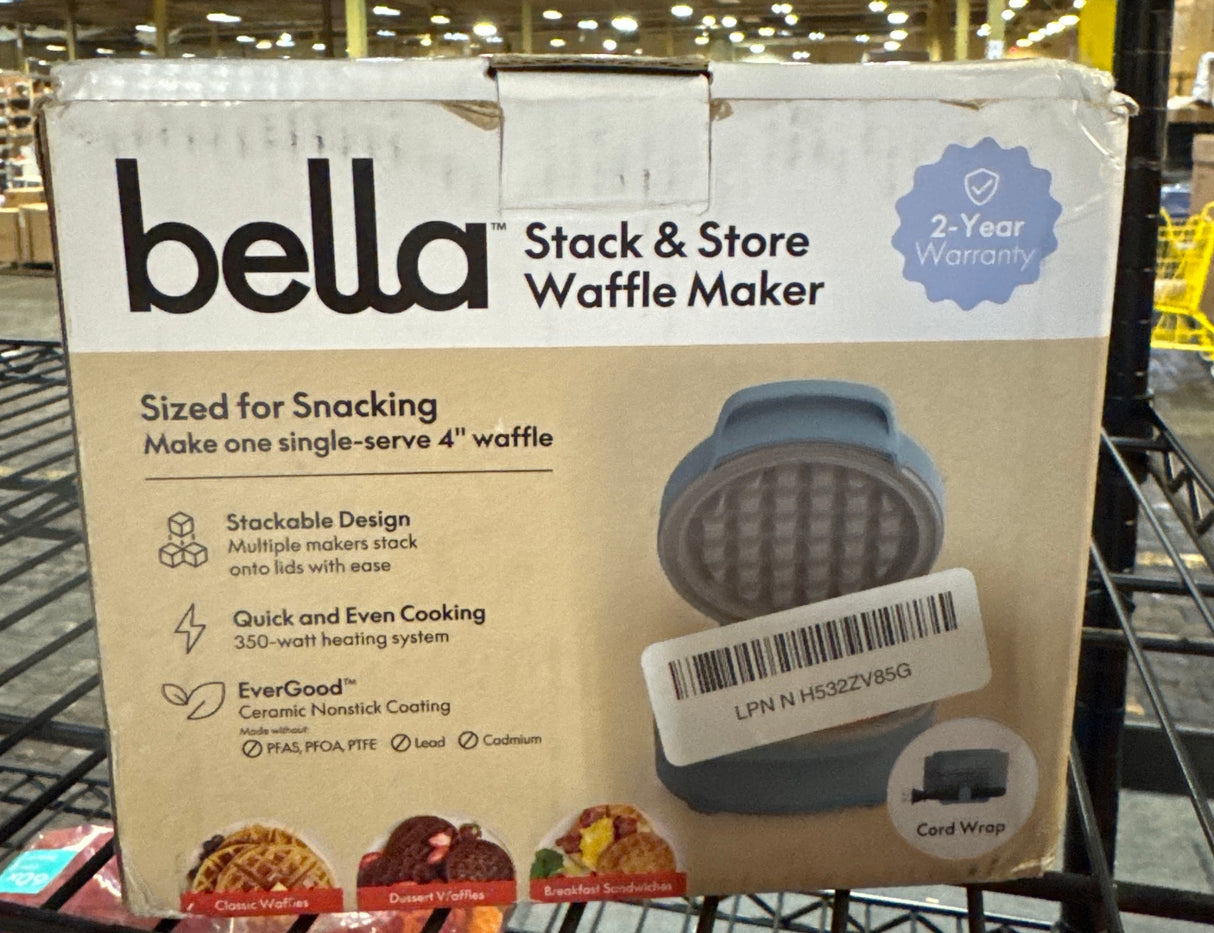 Bella Snack-n-Store Min Waffle Maker, EverGood™ Ceramic Nonstick Coating, Cord Wrap, Ready Indicator Light & Cool Touch Handles, Stackable Design & Customizable Plates, 350 Watt, Surf
